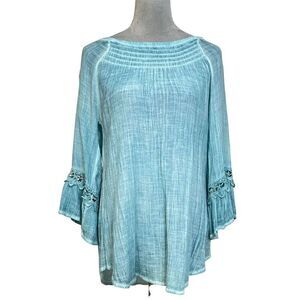 Spense Women's L Blue Peasant Tunic Top Embroidered Bell Sleeves Fairy Spring